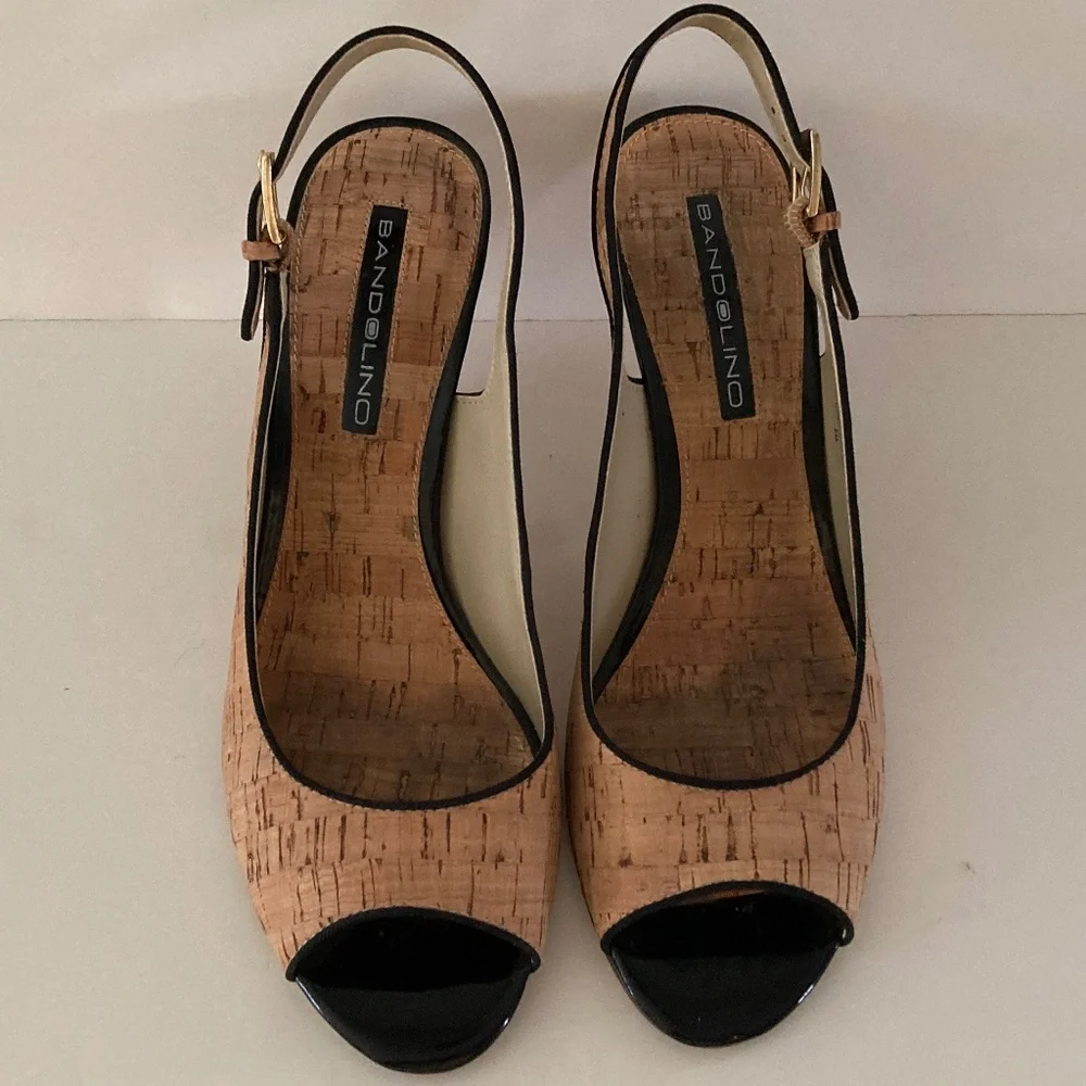 Bandolino Art Deco Cork & Black Trim Peep Toe Slingback Heels/Size 8M/EUC!